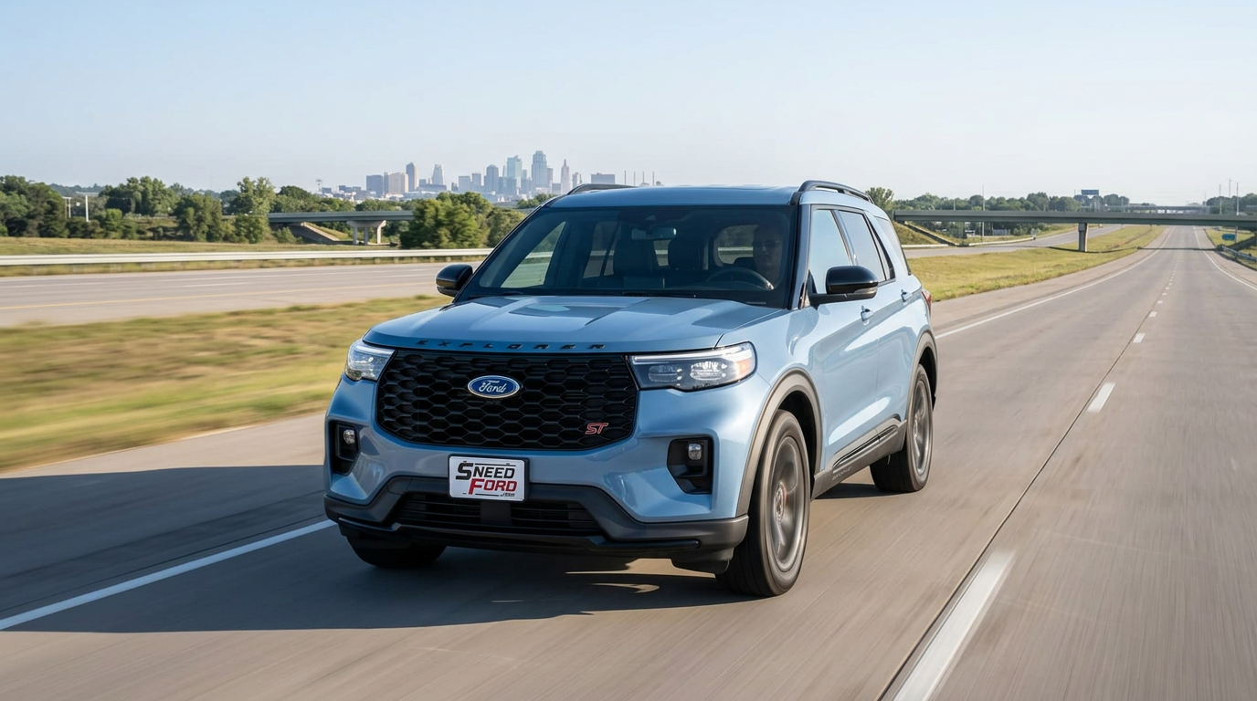 2026 Ford Explorer driving on an open Missouri highway toward the Kansas City skyline with a Dennis Sneed Ford dealer plate