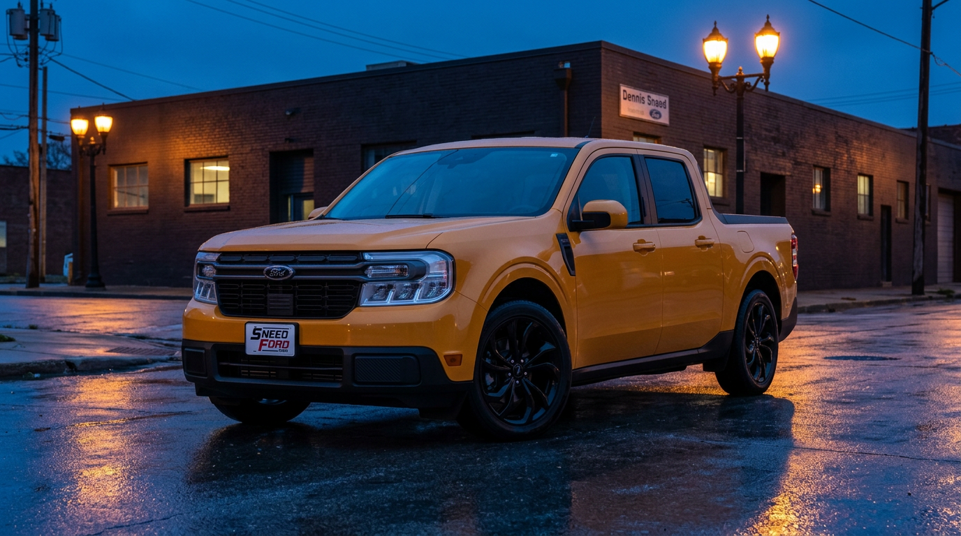 2026 Ford Maverick Lobo parked on a Kansas City side street at dusk with a Dennis Sneed Ford dealer plate