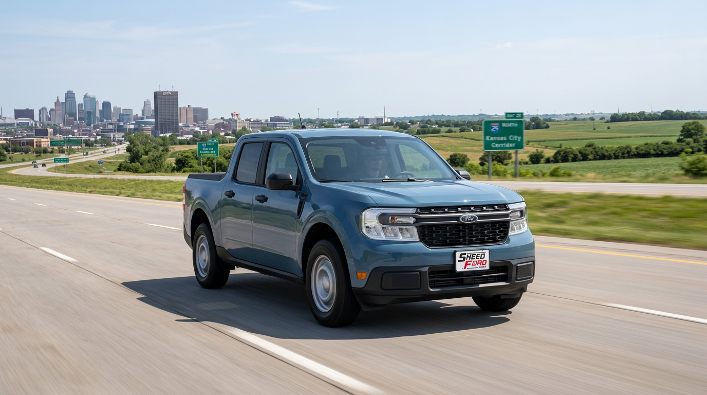 2026 Ford Maverick driving north out of the Kansas City metro on a four-lane highway with a Dennis Sneed Ford dealer plate