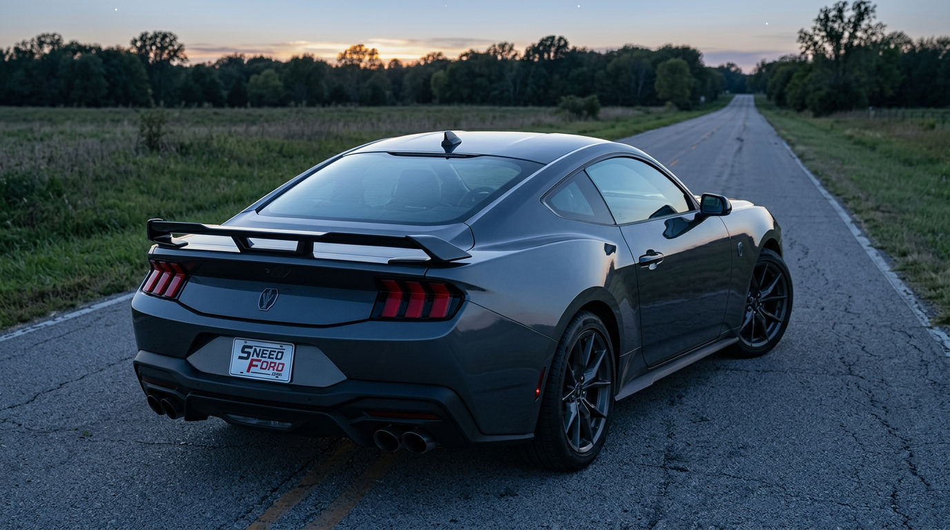 2026 Ford Mustang Dark Horse parked on a rural Missouri road at dusk with a Dennis Sneed Ford dealer plate