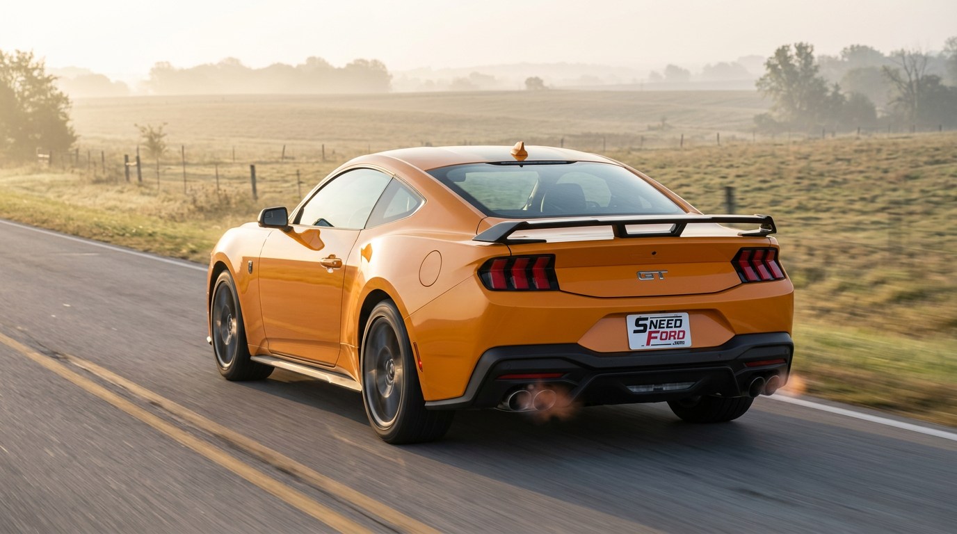 2026 Ford Mustang GT accelerating away on an empty rural Missouri road in early morning light with a Dennis Sneed Ford dealer plate