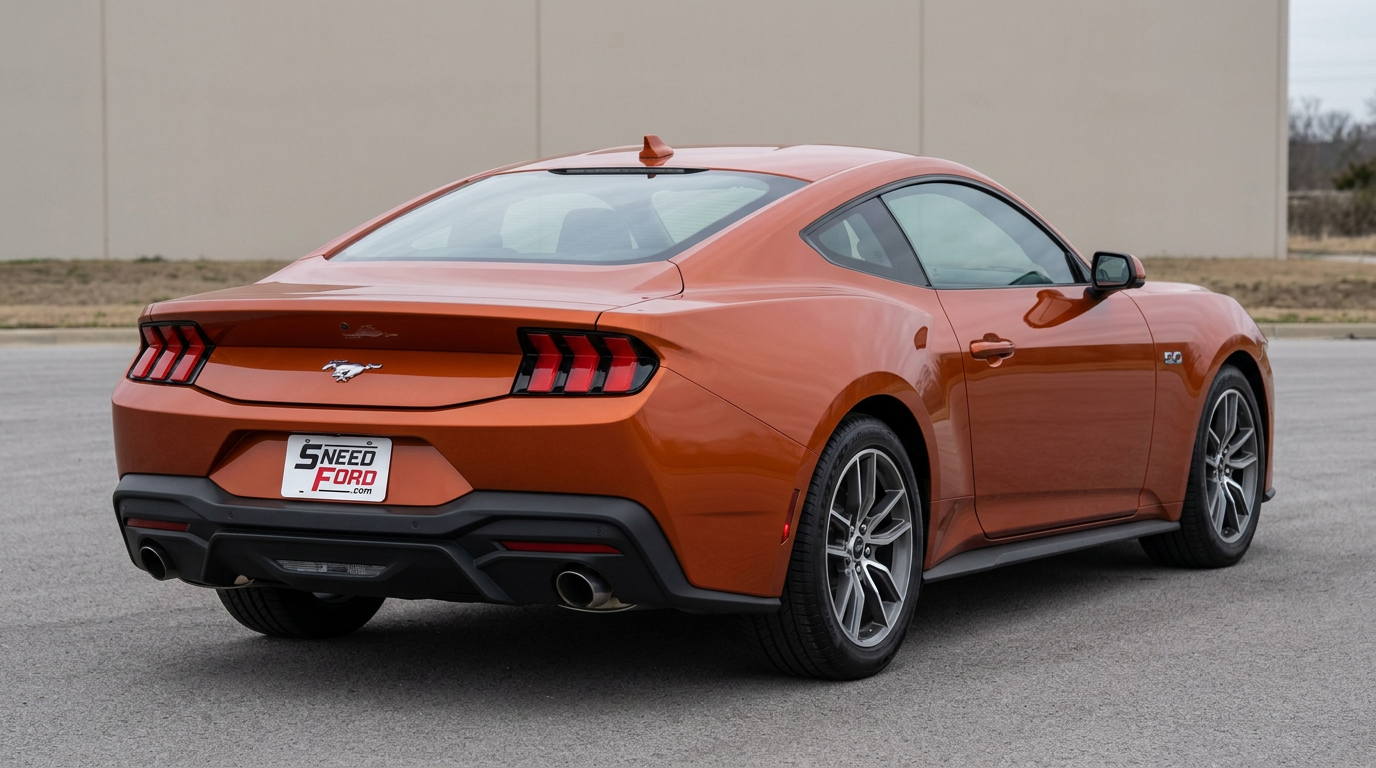2026 Ford Mustang in Orange Fury Metallic Tri-coat parked under soft daylight with a Dennis Sneed Ford dealer plate