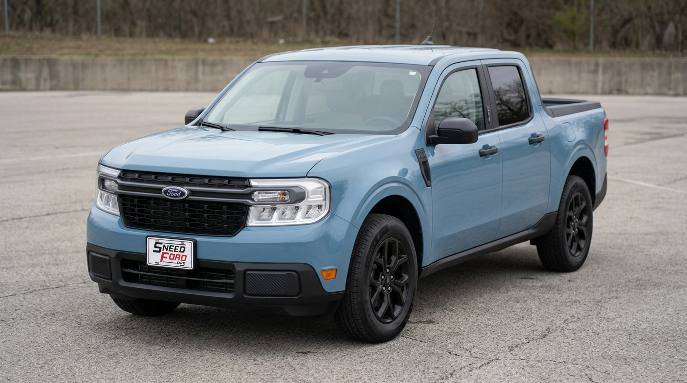 2026 Ford Maverick in Light Blue parked under soft daylight with a Dennis Sneed Ford dealer plate