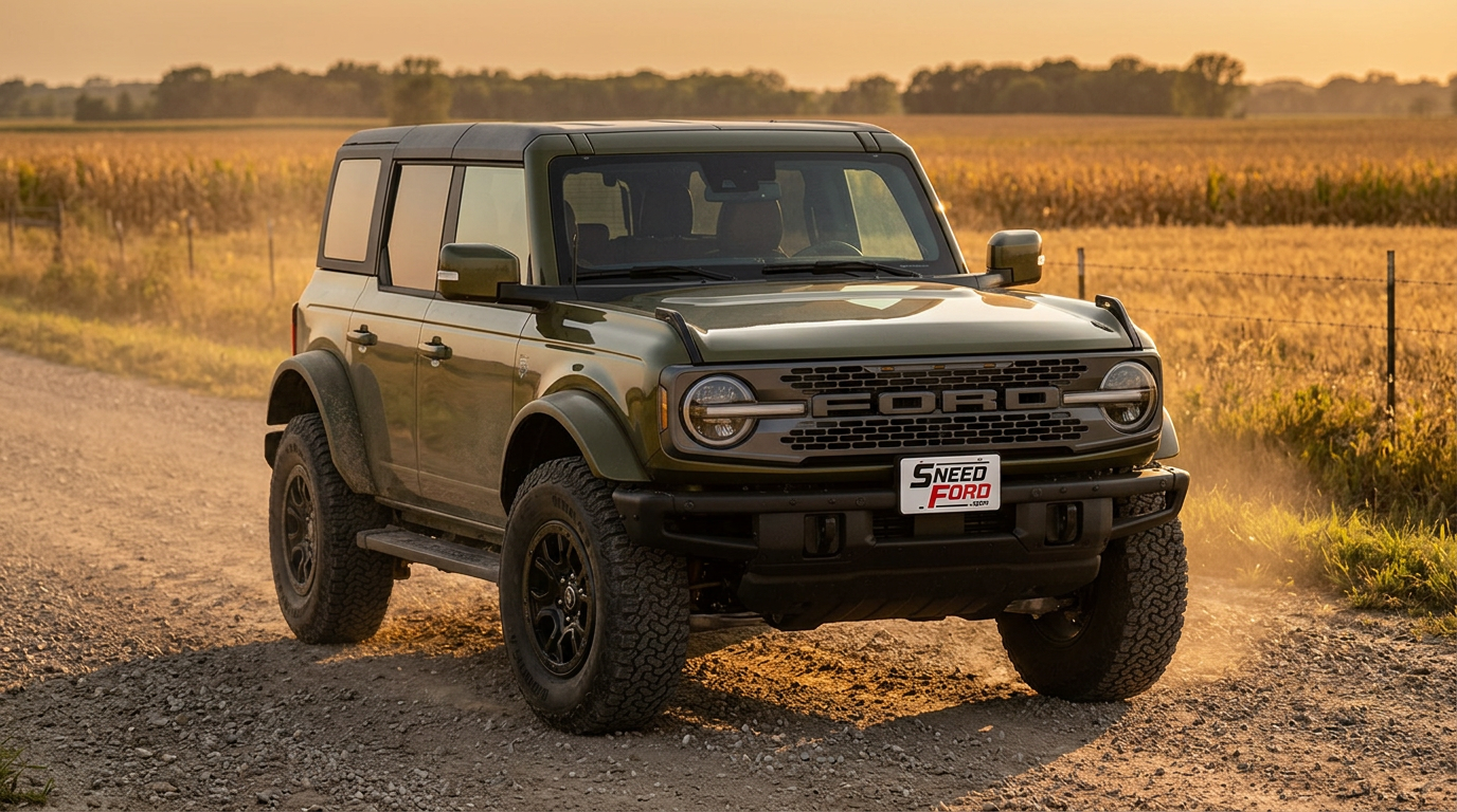 2026 Ford Bronco Outer Banks on a gravel county road in northwest Missouri at golden hour with a Dennis Sneed Ford dealer plate