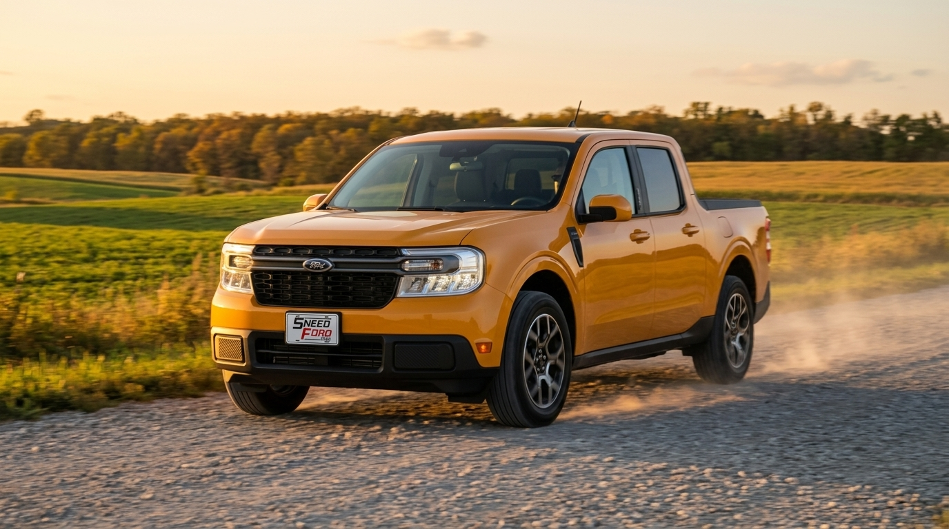 2026 Ford Maverick driving on a gravel county road in rural northwest Missouri at golden hour with a Dennis Sneed Ford dealer plate