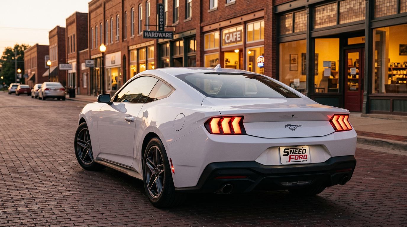 Ford Mustang parked on a small-town Missouri main street in the evening with a Dennis Sneed Ford dealer plate