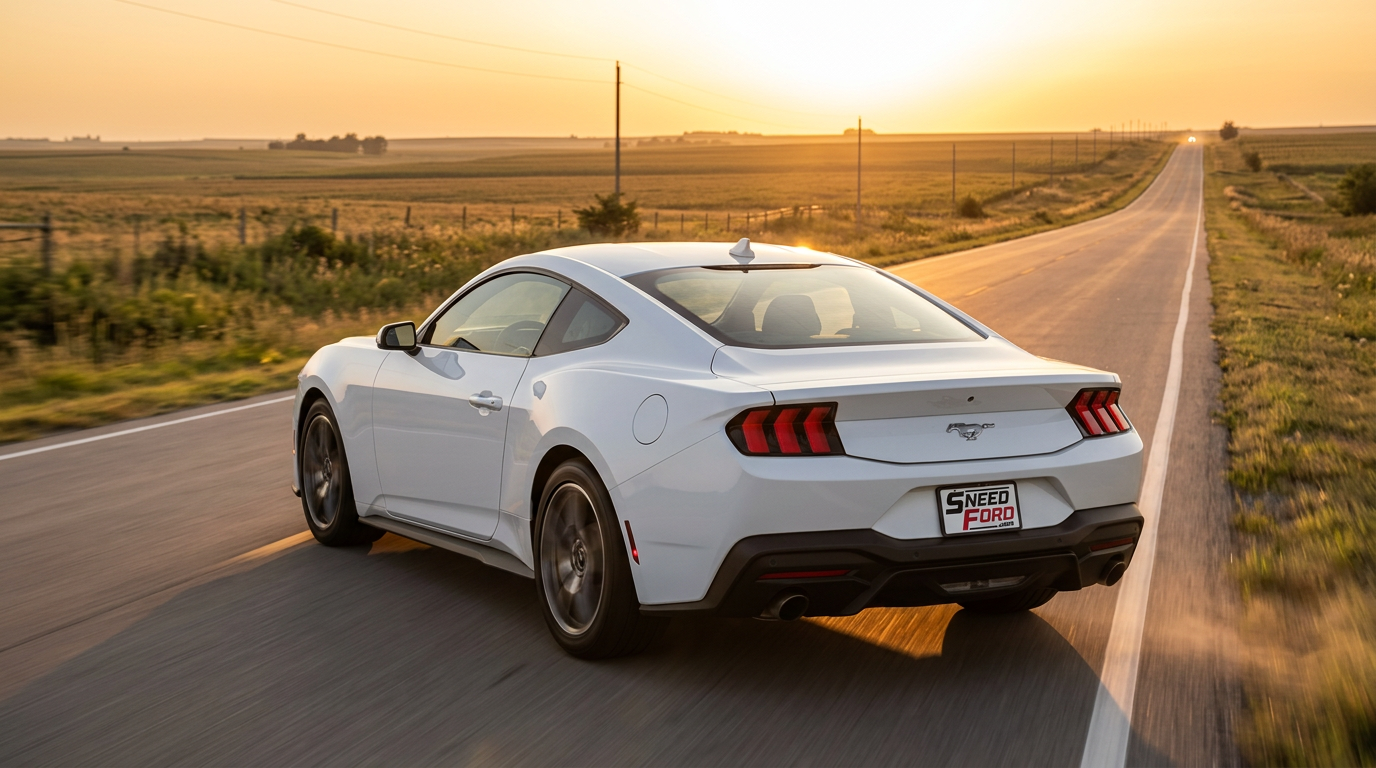 2026 Ford Mustang driving away on a two-lane Missouri highway at golden hour with a Dennis Sneed Ford dealer plate