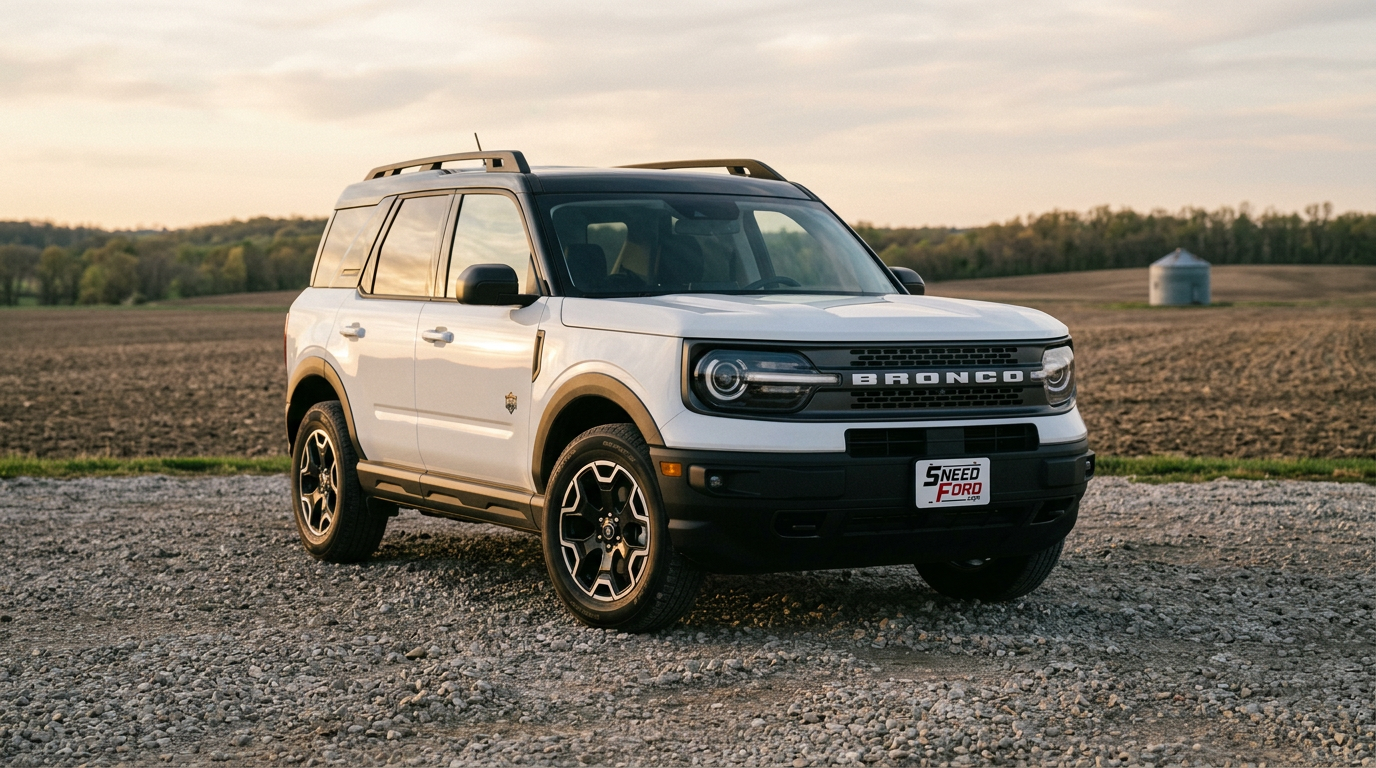 Ford Bronco Sport parked on a gravel lot at the edge of Northwest Missouri farmland at Dennis Sneed Ford in Gower, MO