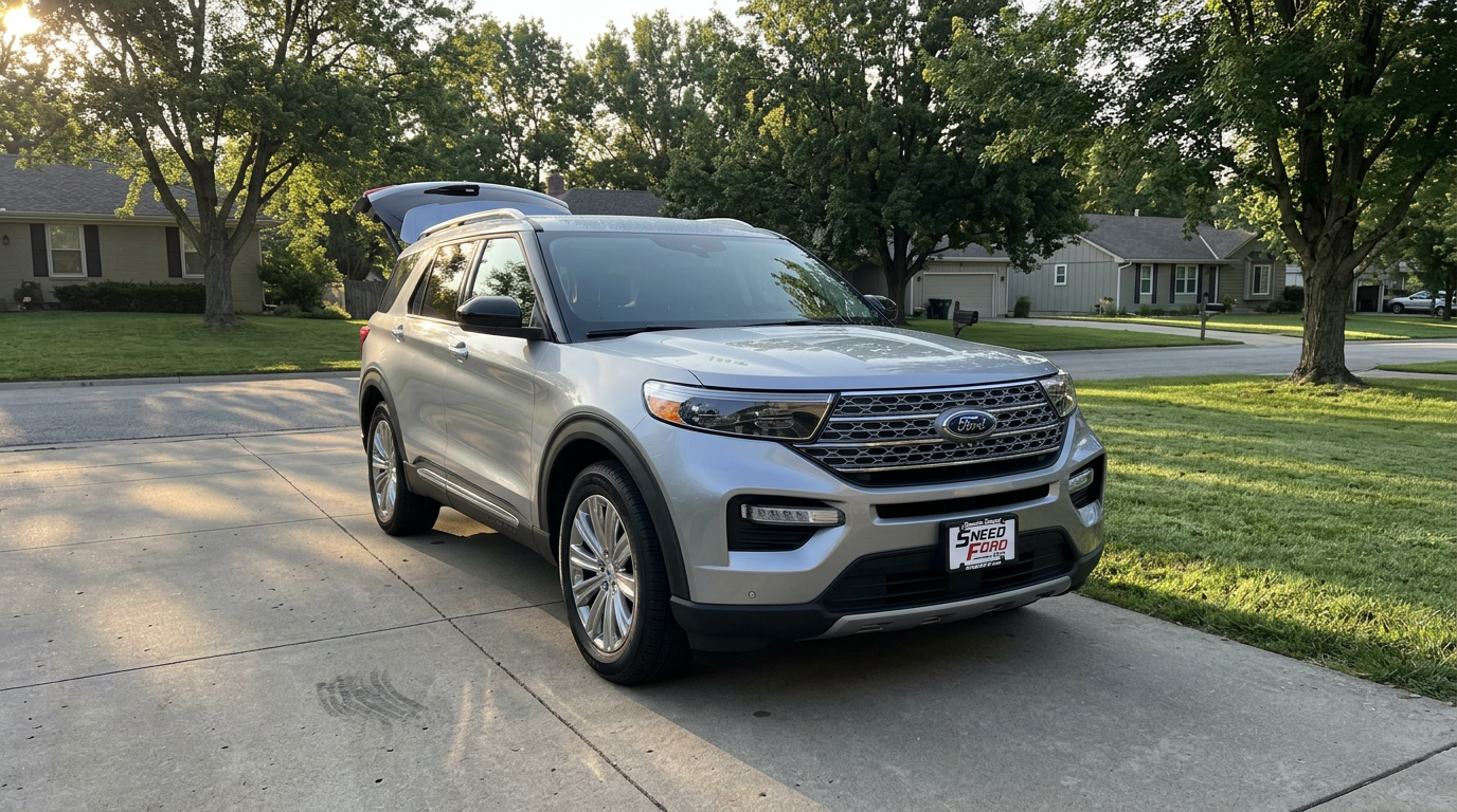2026 Ford Explorer parked in a suburban Kansas City driveway with a Dennis Sneed Ford dealer plate