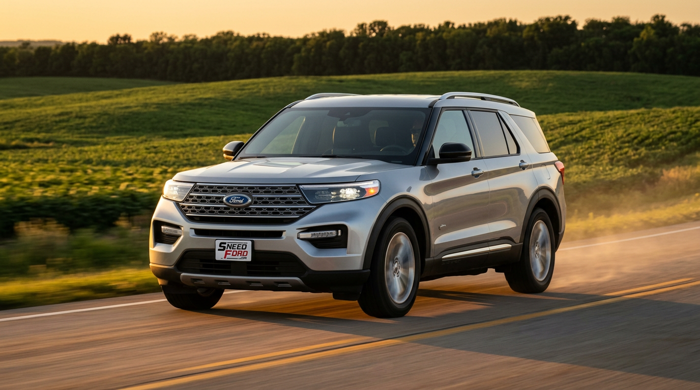 2026 Ford Explorer ST driving on US-169 in northwest Missouri at golden hour with a Dennis Sneed Ford dealer plate