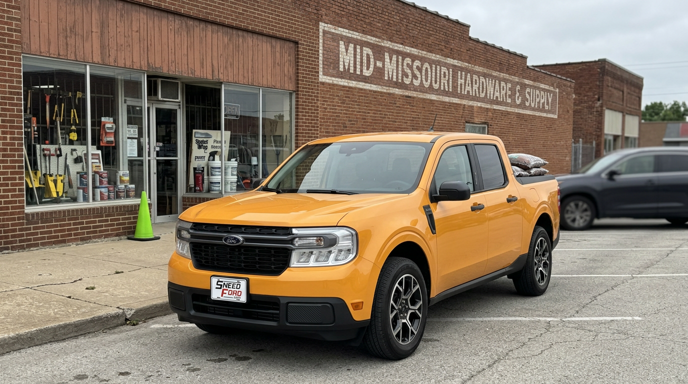 Ford Maverick parked outside a small-town Missouri hardware store with mulch in the bed and a Dennis Sneed Ford dealer plate