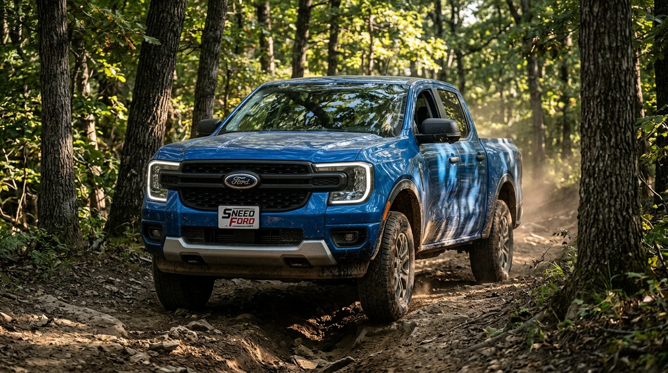 Ford Ranger climbing a rutted dirt two-track up a wooded Missouri ridge with a Dennis Sneed Ford dealer plate