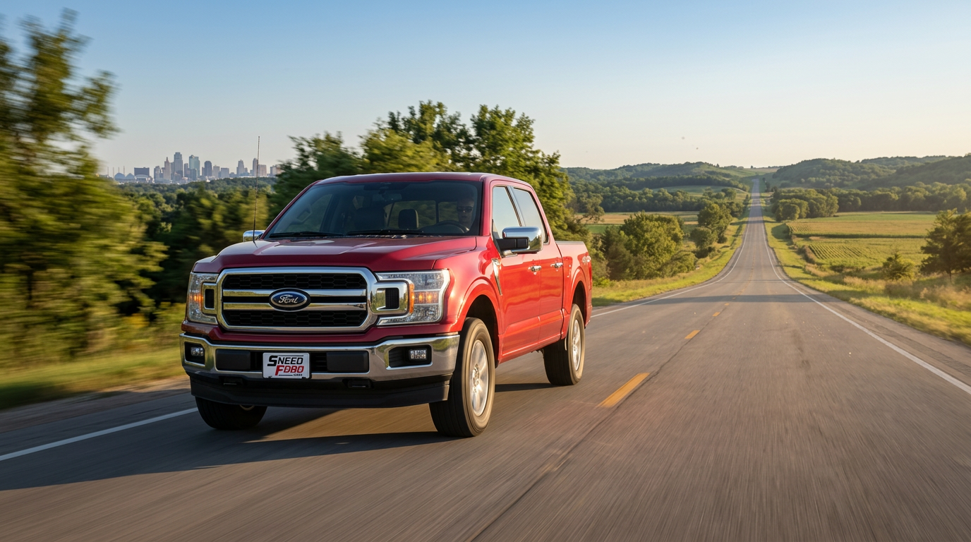 2026 Ford F-150 driving on a Missouri highway near Gower, MO at golden hour, leaving the Kansas City metro behind — Dennis Sneed Ford
