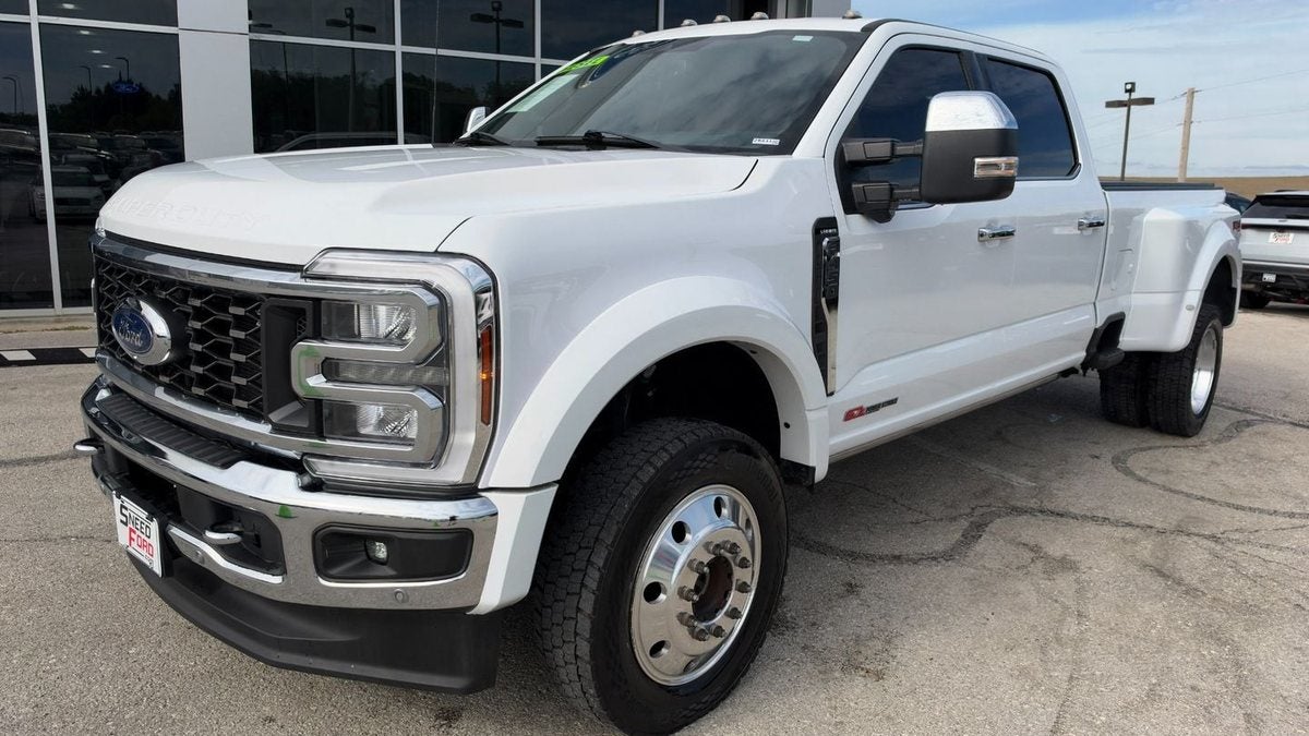 White 2024 Ford Super Duty F-450 Lariat dual-rear-wheel pickup at Dennis Sneed Ford in Gower, Missouri