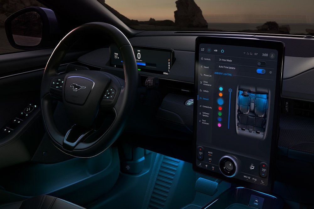 Ford Mustang Mach-E steering wheel and centre console detail